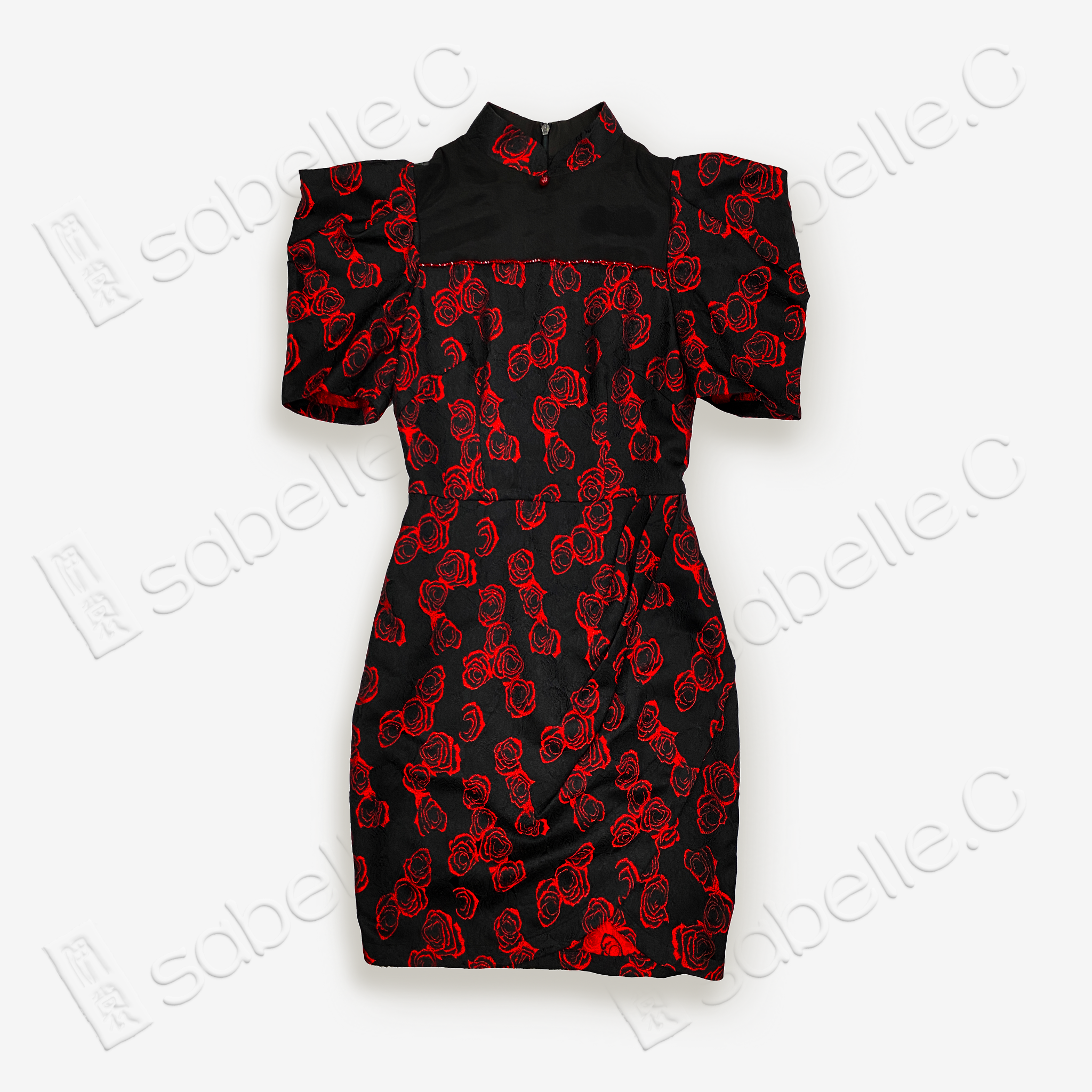 Puff-Sleeve Lace Cutout Cheongsam Dress