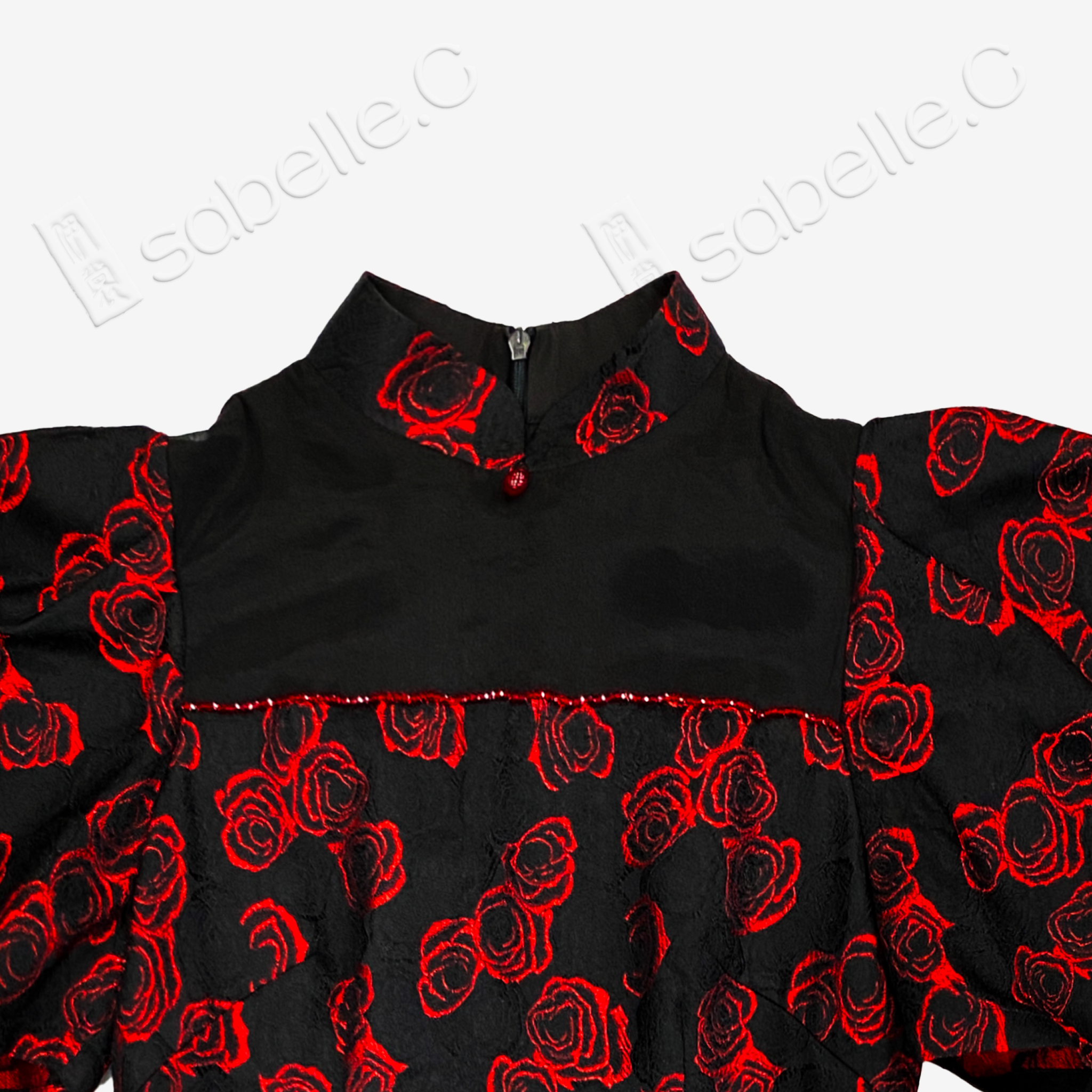 Puff-Sleeve Lace Cutout Cheongsam Dress