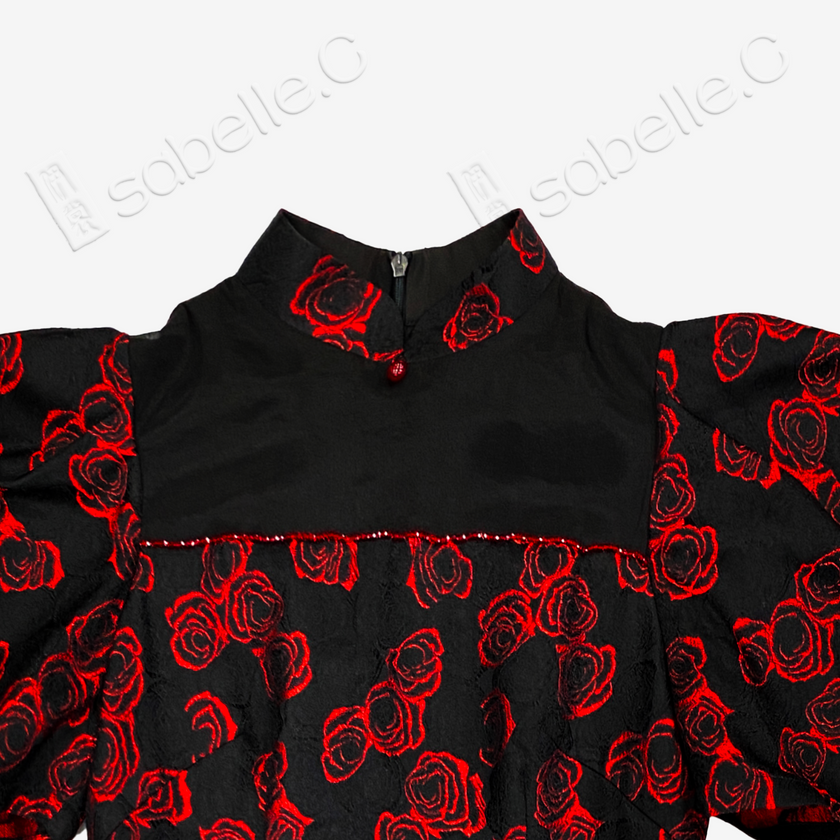 Puff-Sleeve Lace Cutout Cheongsam Dress