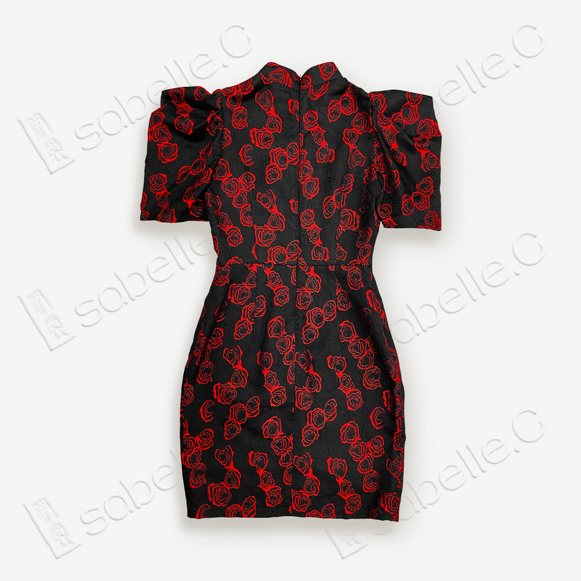 Puff-Sleeve Lace Cutout Cheongsam Dress