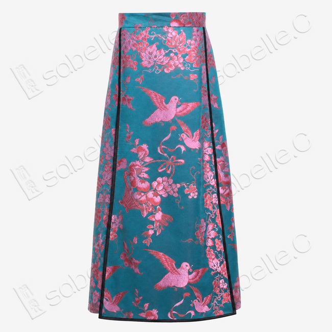 Magenta Blue Vintage Silk Mamian Skirt - 古董真絲老緞馬面裙