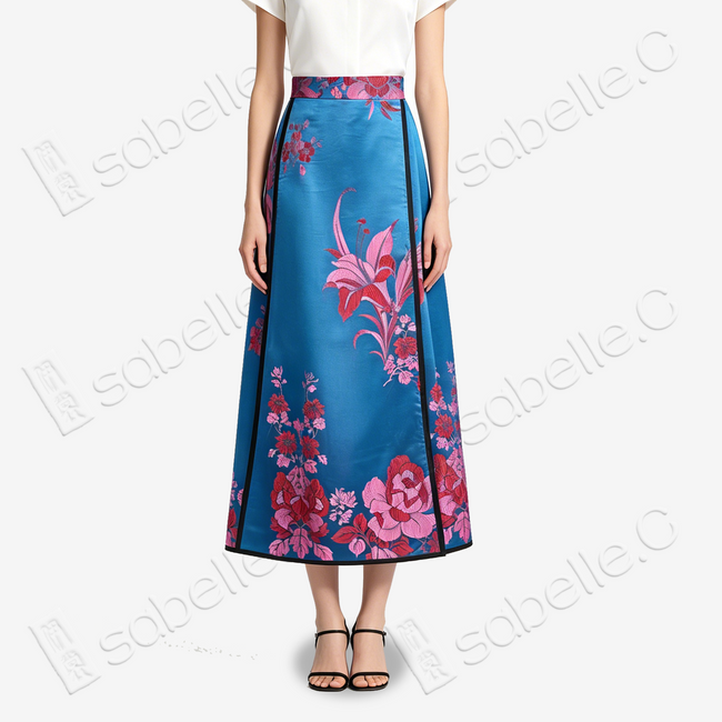 Magenta Blue Vintage Silk Mamian Skirt - 古董真絲老緞馬面裙