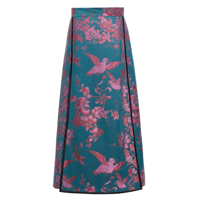 Emerald Peony Vintage Silk Mamian Skirt - 古董真絲老緞馬面裙