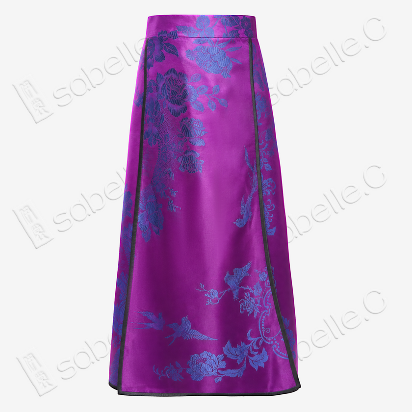 Magenta Blue Oriole Vintage Silk Mamian Skirt - 古董真絲老緞馬面裙