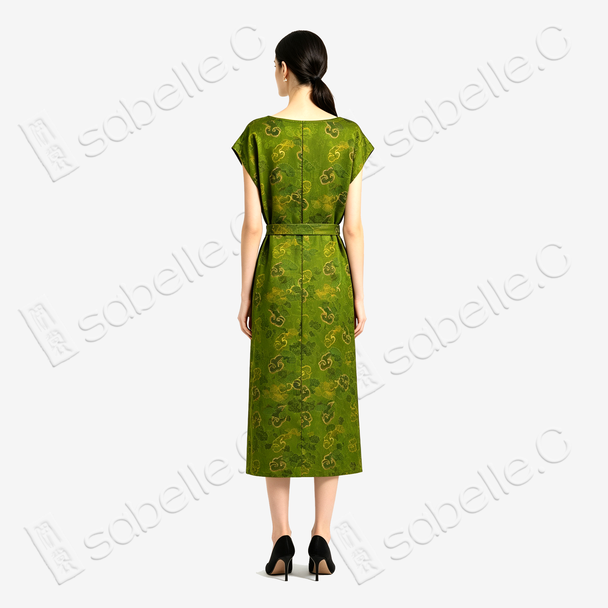 Moss Green Pine & Auspicious Cloud Gambiered Canton Silk Dress - 「苔綠雲松」香雲紗長裙