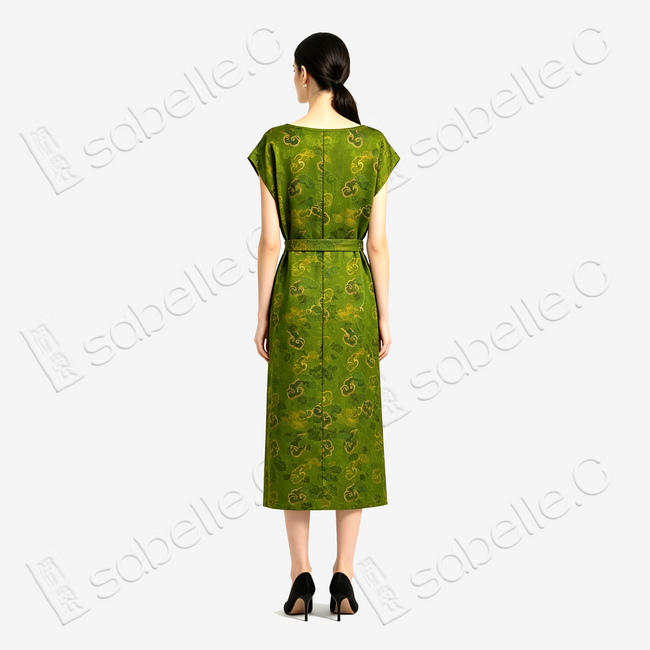 Moss Green Pine & Auspicious Cloud Gambiered Canton Silk Dress - 「苔綠雲松」香雲紗長裙