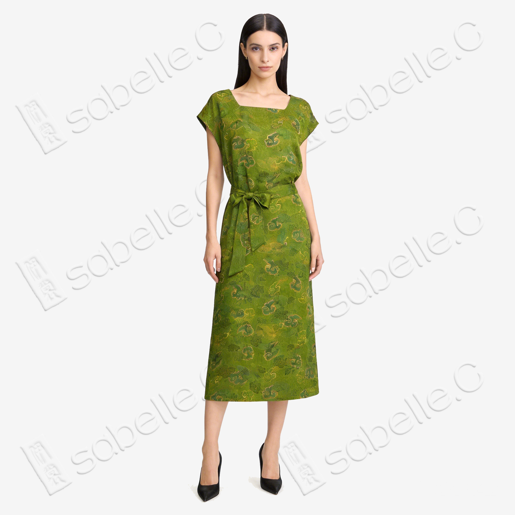 Moss Green Pine & Auspicious Cloud Gambiered Canton Silk Dress - 「苔綠雲松」香雲紗長裙