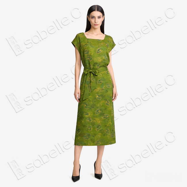 Moss Green Pine & Auspicious Cloud Gambiered Canton Silk Dress - 「苔綠雲松」香雲紗長裙