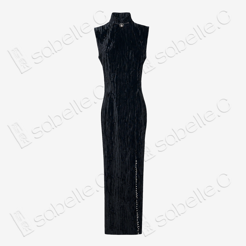 Velvet Beaded Long Qipao - 絲絨釘珠長旗袍