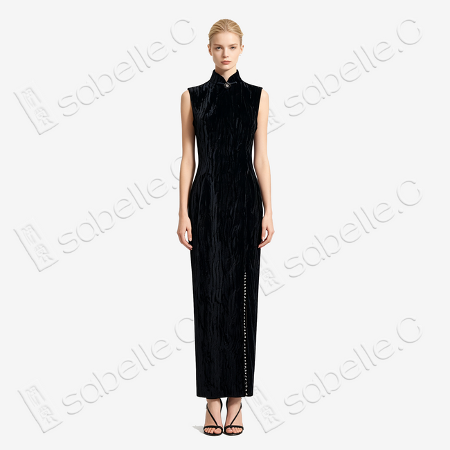 Velvet Beaded Long Qipao - 絲絨釘珠長旗袍