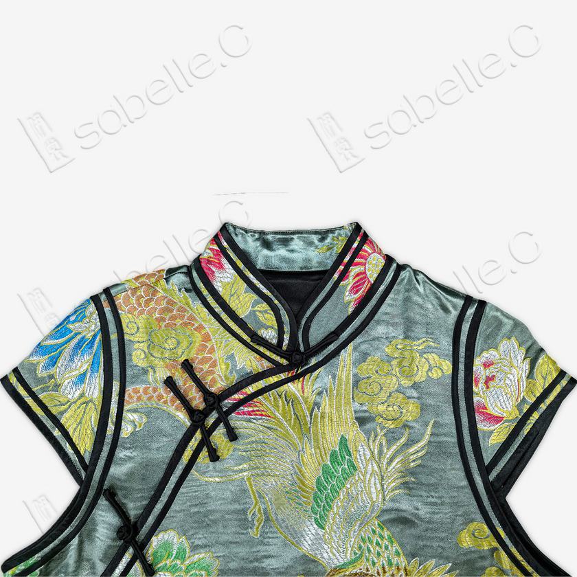Ink Emerald Dragon & Phoenix Vintage Silk Satin Qipao - 墨翠龍鳳呈祥真絲老緞旗袍