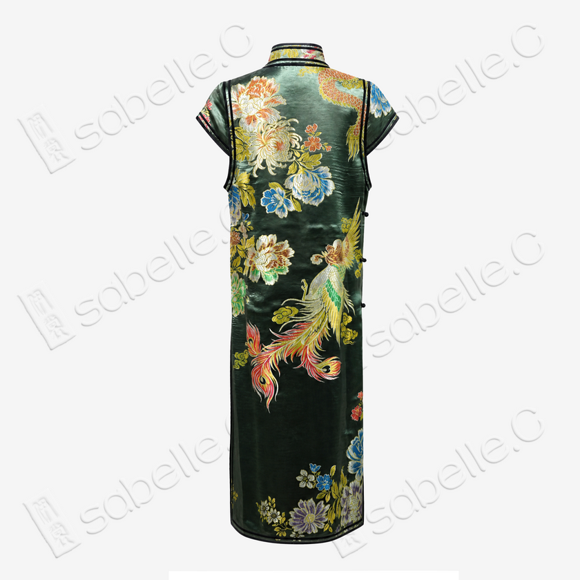 Ink Emerald Dragon & Phoenix Vintage Silk Satin Qipao - 墨翠龍鳳呈祥真絲老緞旗袍
