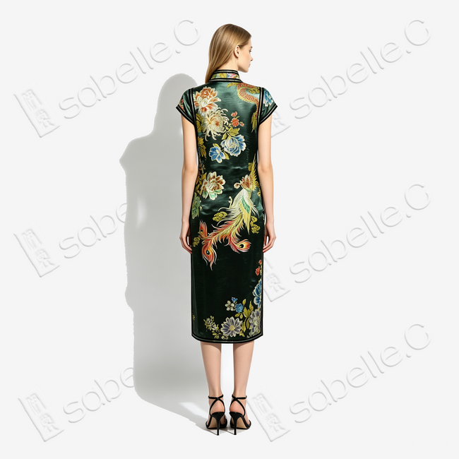 Ink Emerald Dragon & Phoenix Vintage Silk Satin Qipao - 墨翠龍鳳呈祥真絲老緞旗袍