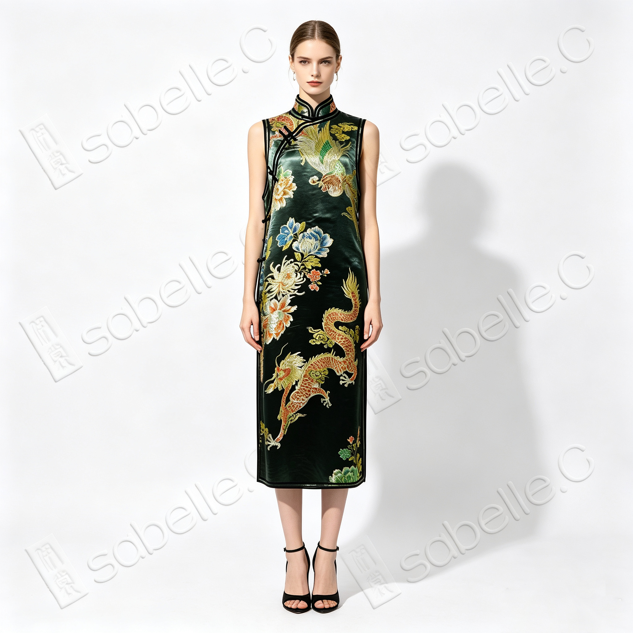 Ink Emerald Dragon & Phoenix Vintage Silk Satin Qipao - 墨翠龍鳳呈祥真絲老緞旗袍