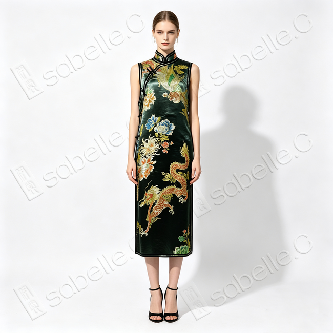 Ink Emerald Dragon & Phoenix Vintage Silk Satin Qipao - 墨翠龍鳳呈祥真絲老緞旗袍