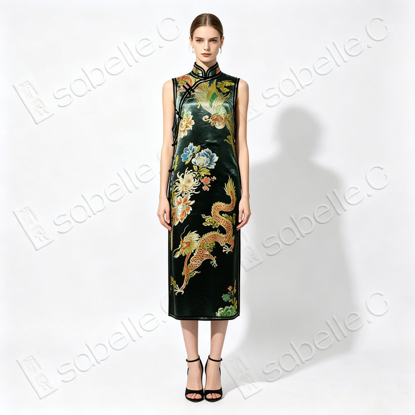 Ink Emerald Dragon & Phoenix Vintage Silk Satin Qipao - 墨翠龍鳳呈祥真絲老緞旗袍
