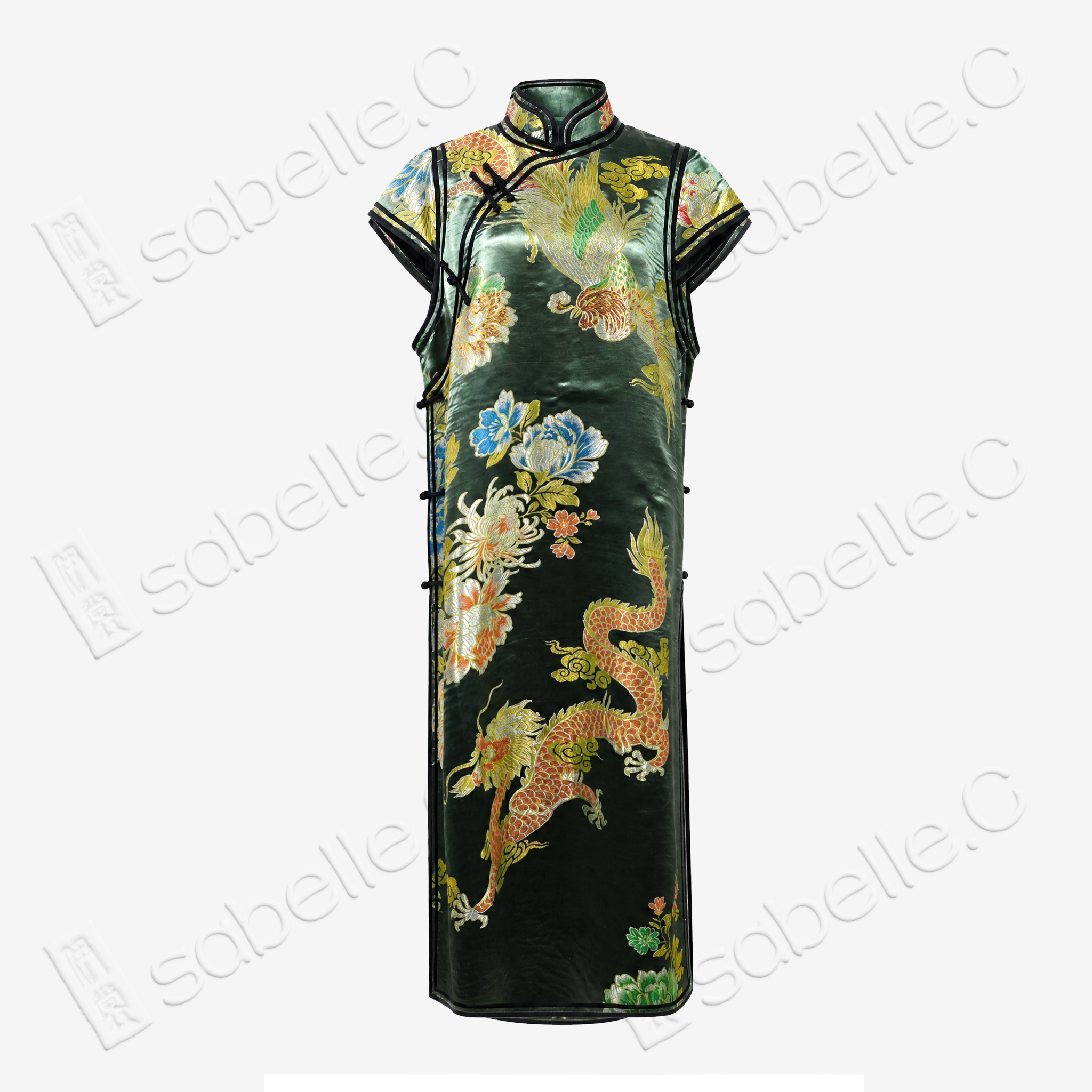 Ink Emerald Dragon & Phoenix Vintage Silk Satin Qipao - 墨翠龍鳳呈祥真絲老緞旗袍
