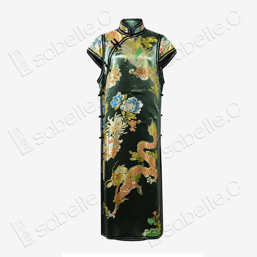 Ink Emerald Dragon & Phoenix Vintage Silk Satin Qipao - 墨翠龍鳳呈祥真絲老緞旗袍