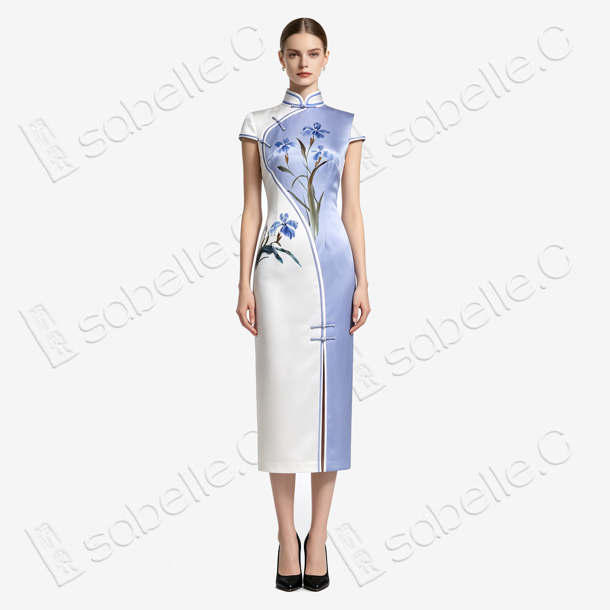 Purple Mist Iris Bloom Split Panel Hand-Painted Heavyweight Vintage Silk Qipao - 「紫嵐鳶華」重磅真絲手繪旗袍