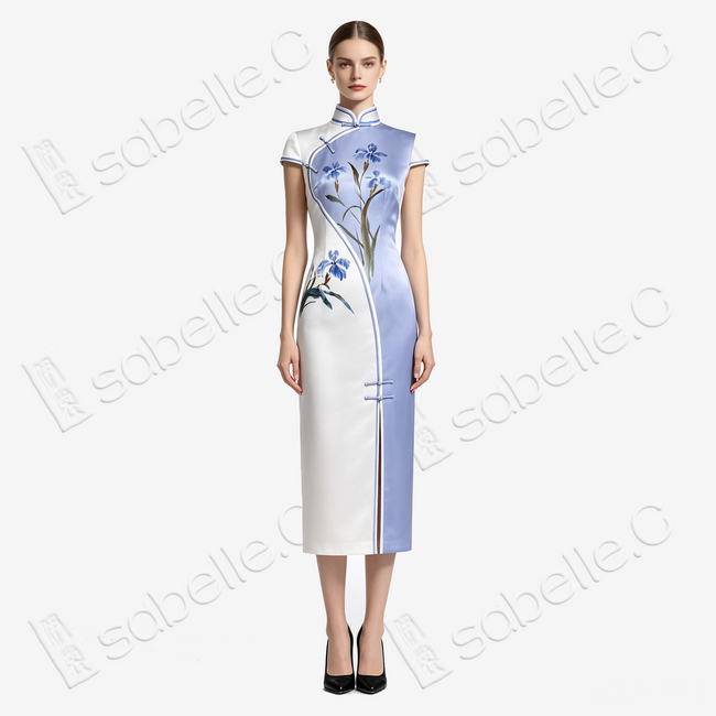Purple Mist Iris Bloom Split Panel Hand-Painted Heavyweight Vintage Silk Qipao - 「紫嵐鳶華」重磅真絲手繪旗袍