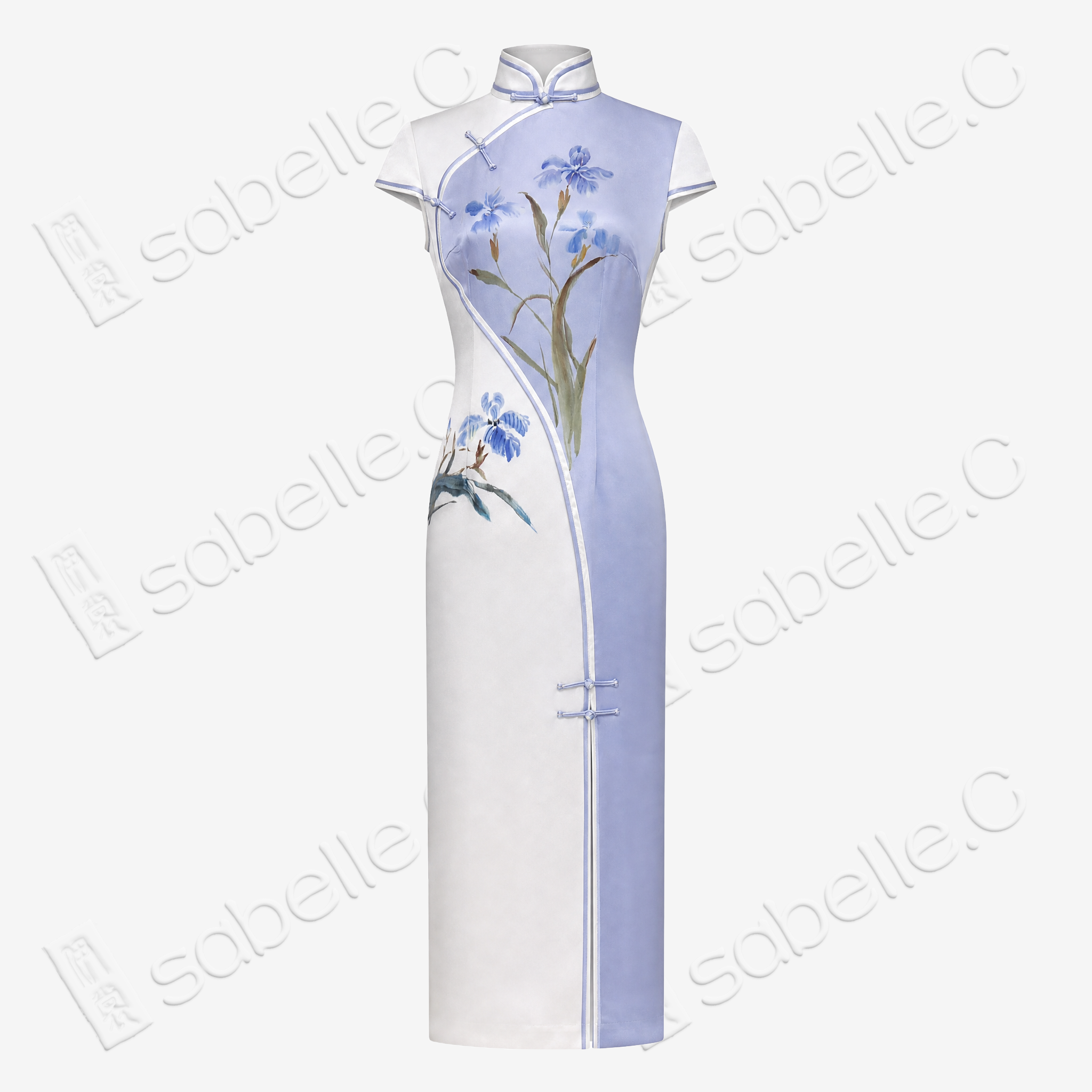 Purple Mist Iris Bloom Split Panel Hand-Painted Heavyweight Vintage Silk Qipao - 「紫嵐鳶華」重磅真絲手繪旗袍
