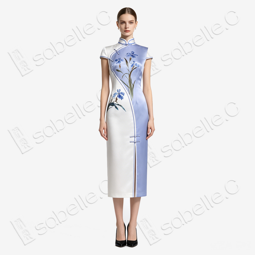 Purple Mist Iris Bloom Split Panel Hand-Painted Heavyweight Vintage Silk Qipao - 「紫嵐鳶華」重磅真絲手繪旗袍