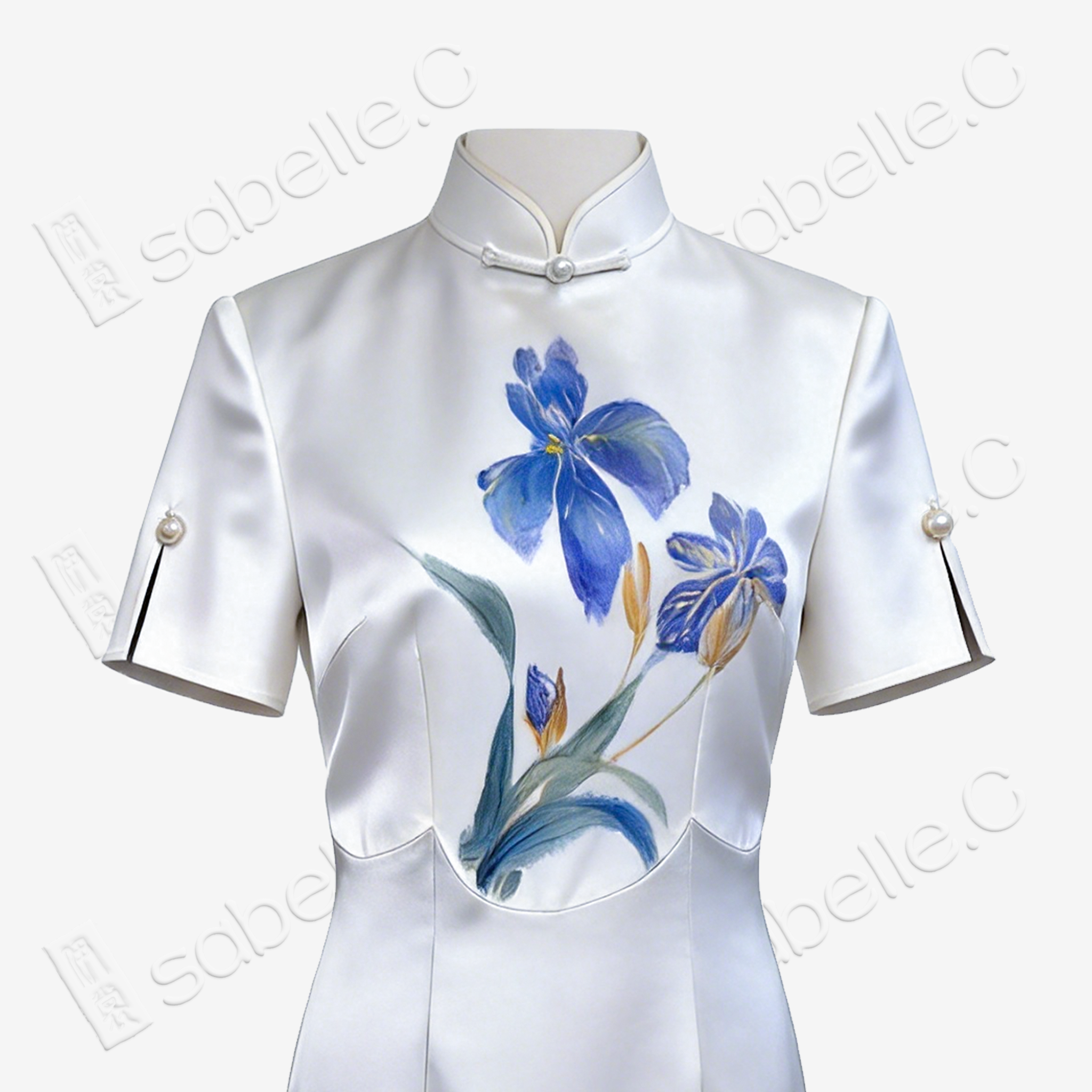Snow White Blue Iris Hand-Painted Heavyweight Silk Qipao - 「素雪鳶藍」重磅真絲手繪旗袍