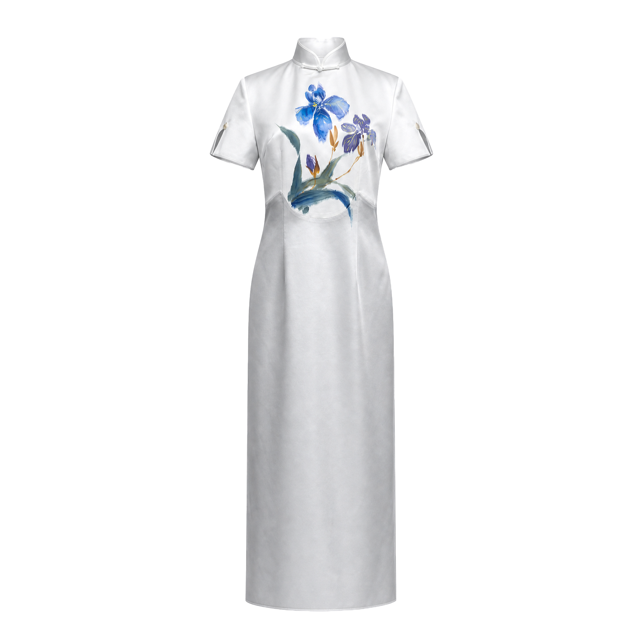 Snow White Blue Iris Hand-Painted Heavyweight Silk Qipao - 「素雪鳶藍」重磅真絲手繪旗袍