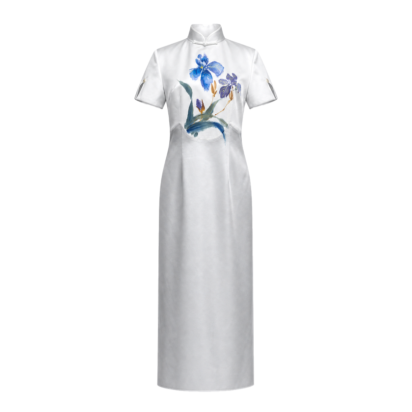 Snow White Blue Iris Hand-Painted Heavyweight Silk Qipao - 「素雪鳶藍」重磅真絲手繪旗袍