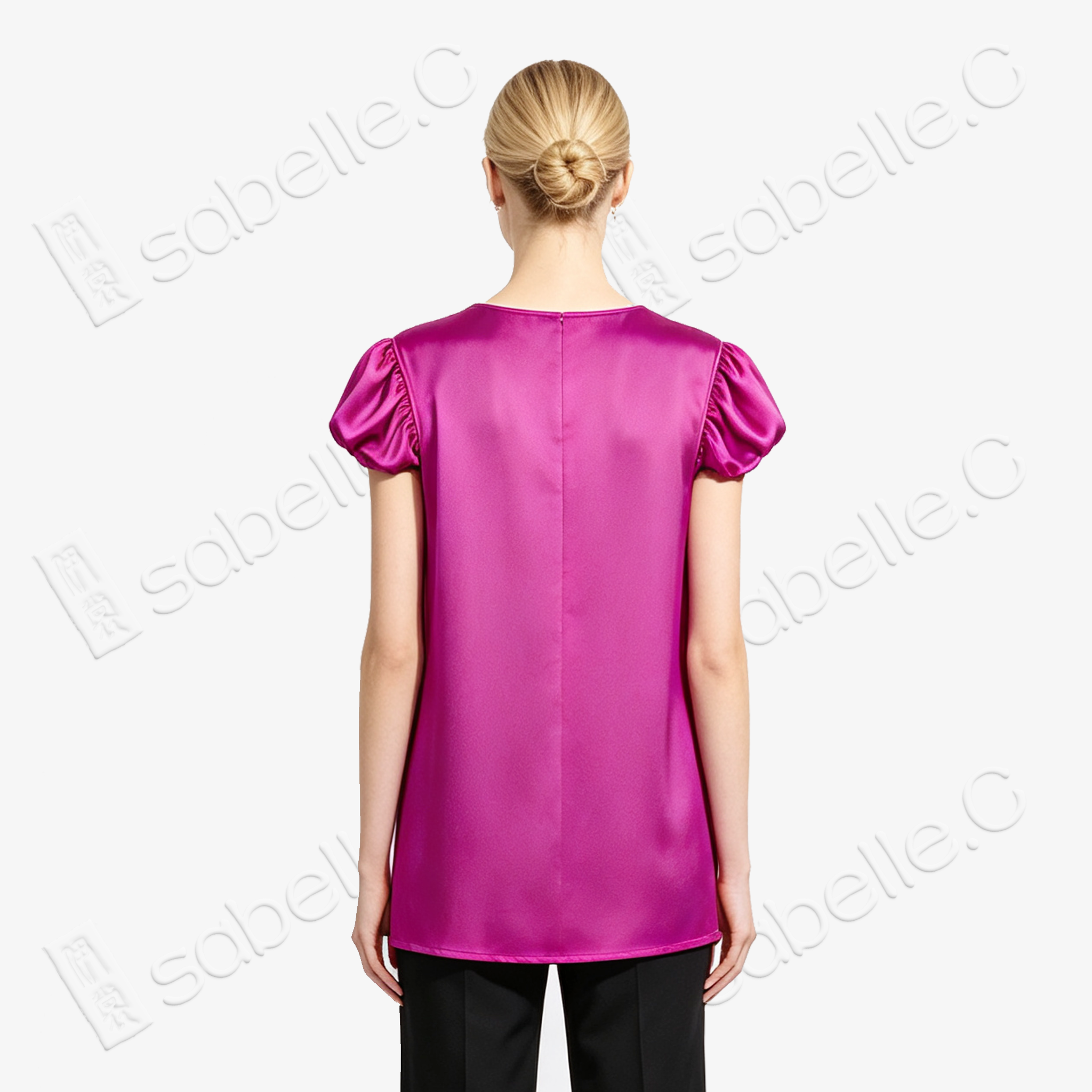 Fuchsia Red Twisted Floral Vine Puff Sleeve Embroidered Silk Dress - 「緋紅纏枝」泡泡袖真絲刺繡長裙