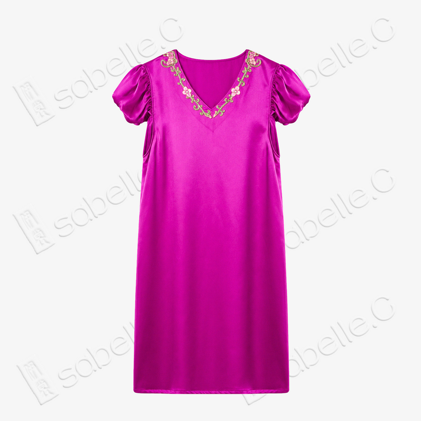 Fuchsia Red Twisted Floral Vine Puff Sleeve Embroidered Silk Dress - 「緋紅纏枝」泡泡袖真絲刺繡長裙
