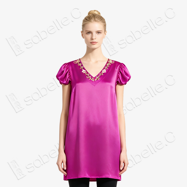 Fuchsia Red Twisted Floral Vine Puff Sleeve Embroidered Silk Dress - 「緋紅纏枝」泡泡袖真絲刺繡長裙