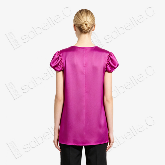 Fuchsia Red Twisted Floral Vine Puff Sleeve Embroidered Silk Dress - 「緋紅纏枝」泡泡袖真絲刺繡長裙