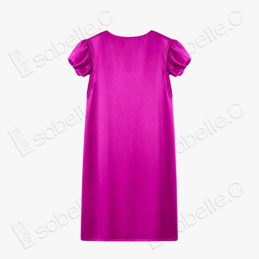 Fuchsia Red Twisted Floral Vine Puff Sleeve Embroidered Silk Dress - 「緋紅纏枝」泡泡袖真絲刺繡長裙