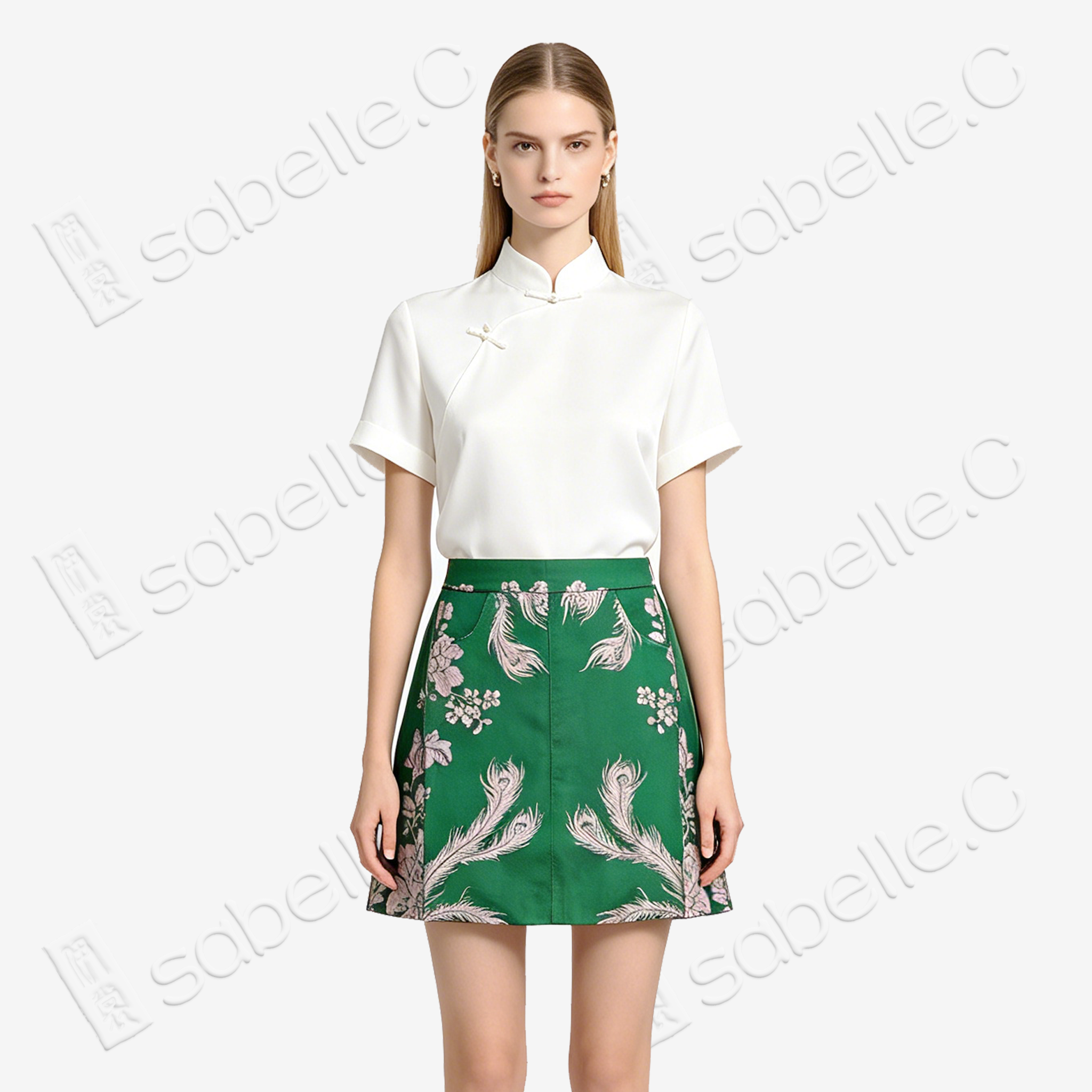 Emerald Pink Peacock Vintage Silk Skort - 墨綠孔雀紋古董真絲老緞裙褲