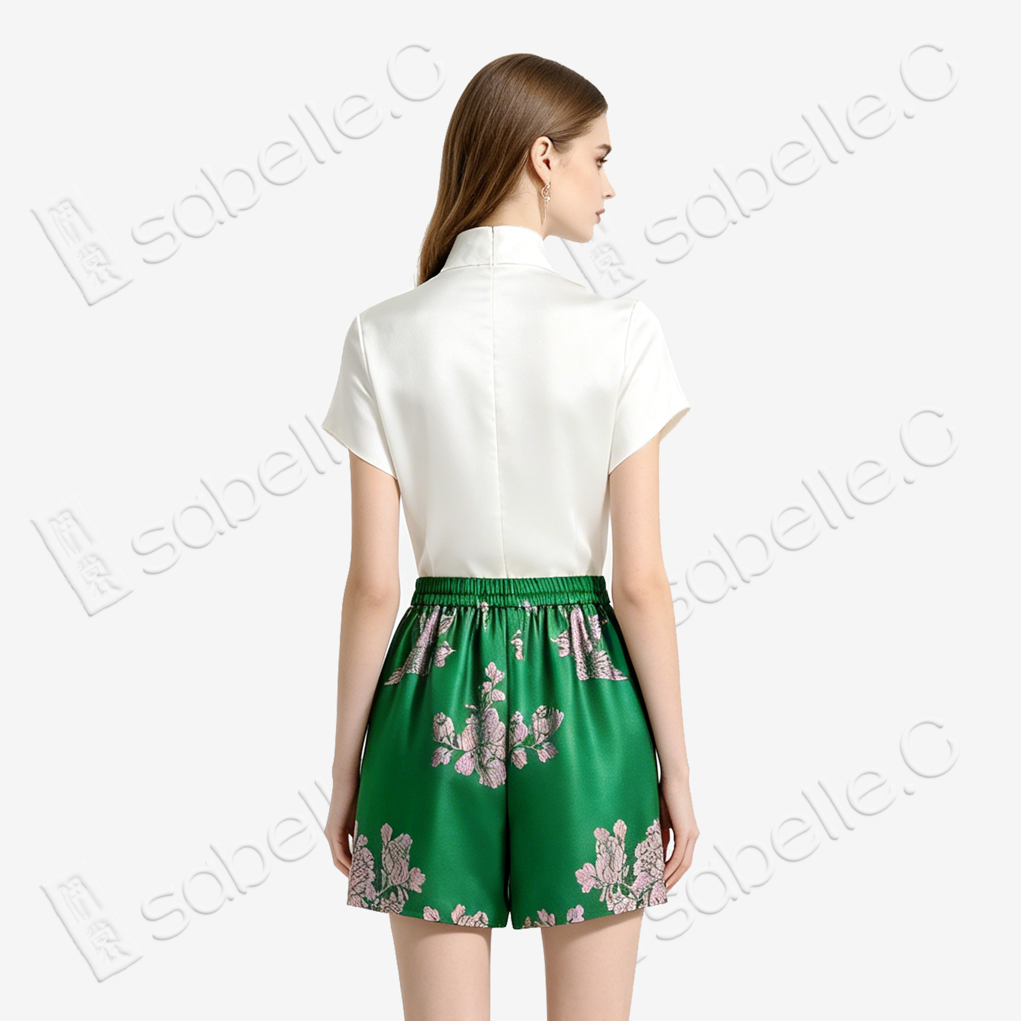Emerald Pink Peacock Vintage Silk Skort - 墨綠孔雀紋古董真絲老緞裙褲