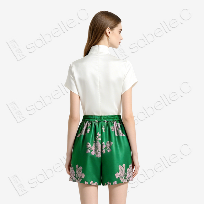 Emerald Pink Peacock Vintage Silk Skort - 墨綠孔雀紋古董真絲老緞裙褲