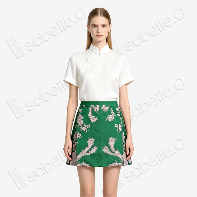 Emerald Pink Peacock Vintage Silk Skort - 墨綠孔雀紋古董真絲老緞裙褲