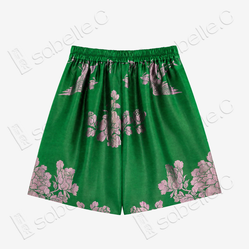 Emerald Pink Peacock Vintage Silk Skort - 墨綠孔雀紋古董真絲老緞裙褲