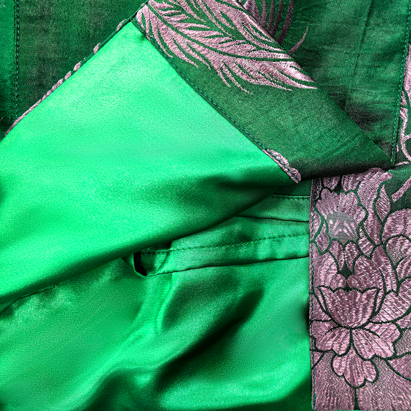 Emerald Pink Peacock Vintage Silk Skort - 墨綠孔雀紋古董真絲老緞裙褲