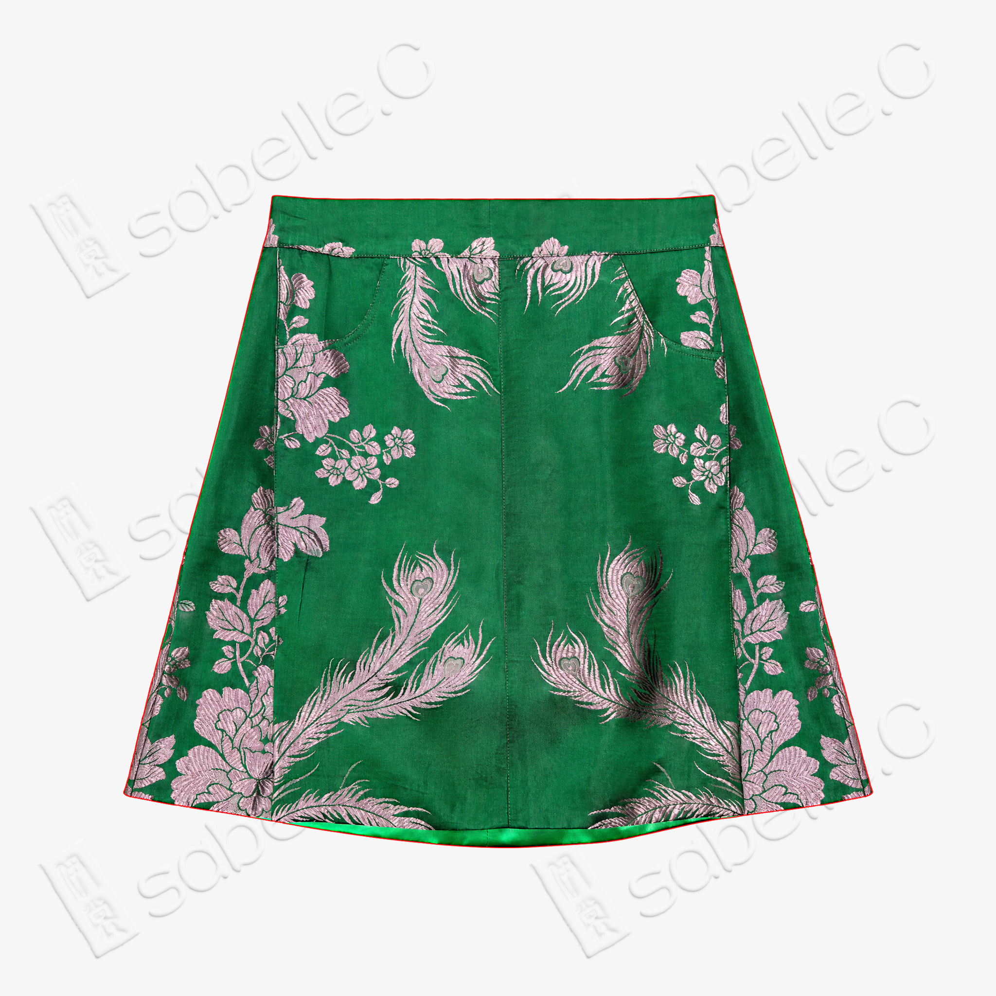Emerald Pink Peacock Vintage Silk Skort - 墨綠孔雀紋古董真絲老緞裙褲