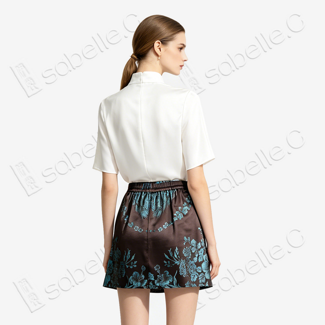 Agarwood Jade Peony Vintage Silk Skort - 深棕牡丹紋古董真絲老緞裙褲