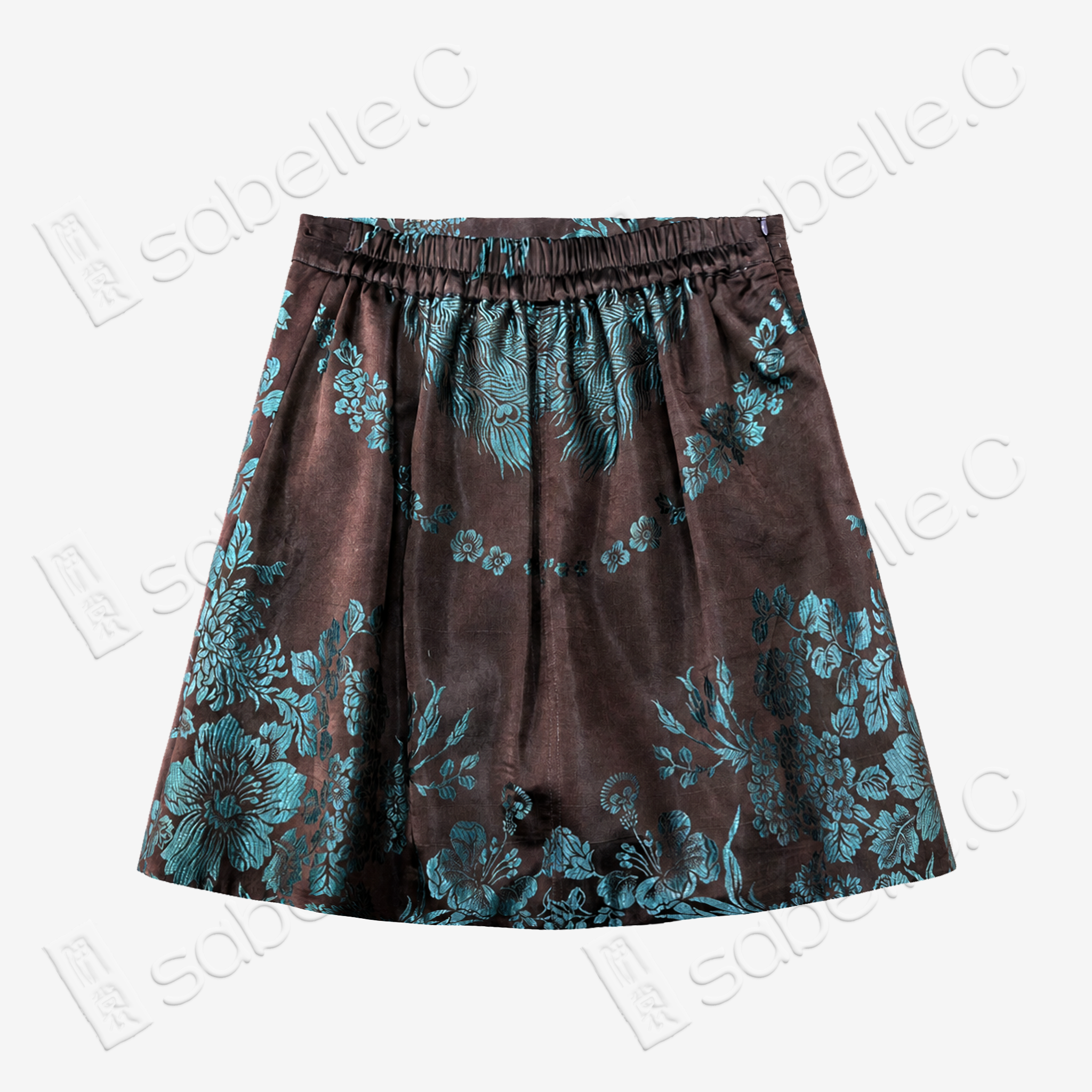 Agarwood Jade Peony Vintage Silk Skort - 深棕牡丹紋古董真絲老緞裙褲