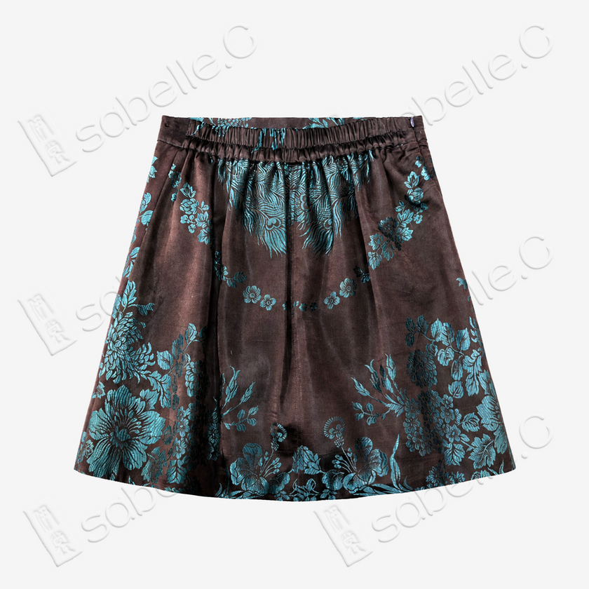 Agarwood Jade Peony Vintage Silk Skort - 深棕牡丹紋古董真絲老緞裙褲