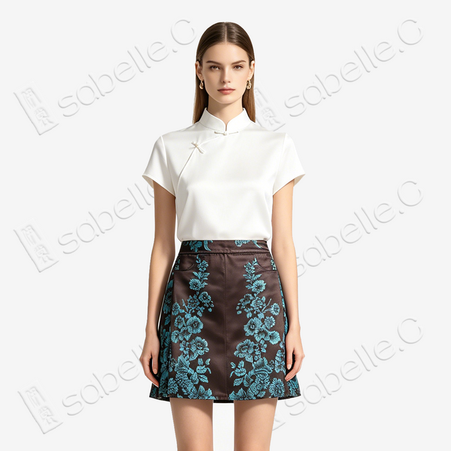 Agarwood Jade Peony Vintage Silk Skort - 深棕牡丹紋古董真絲老緞裙褲