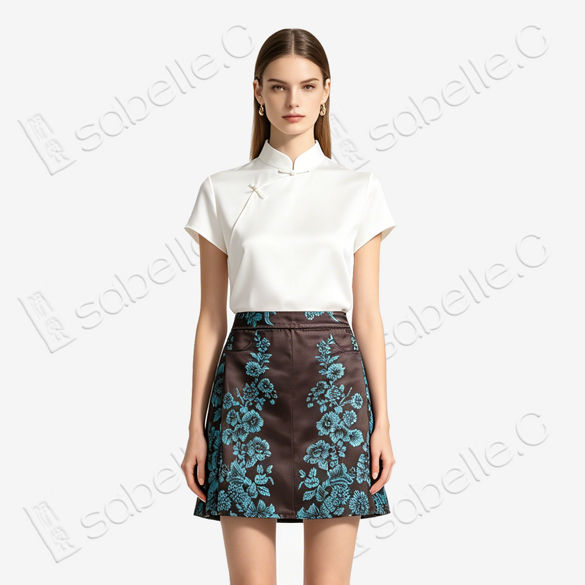 Agarwood Jade Peony Vintage Silk Skort - 深棕牡丹紋古董真絲老緞裙褲