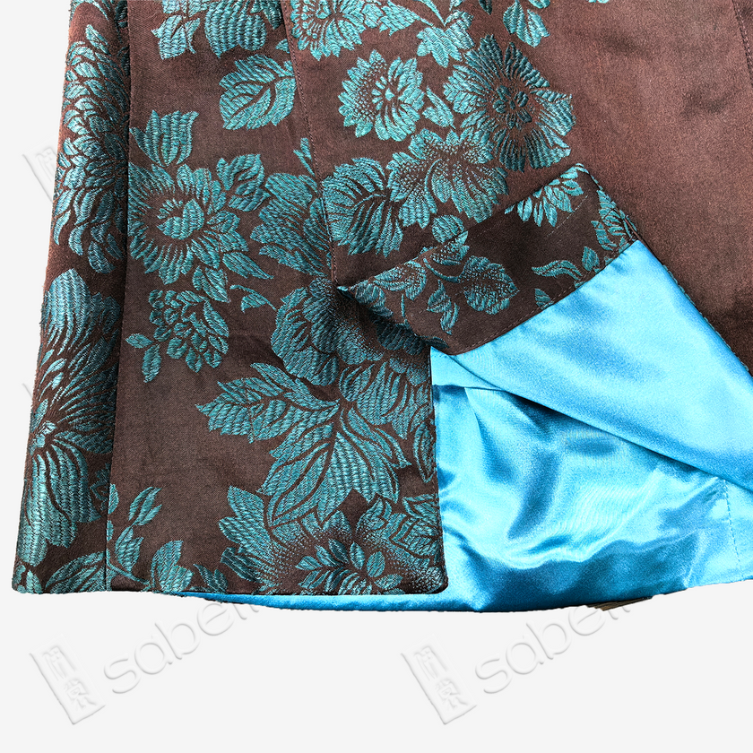 Agarwood Jade Peony Vintage Silk Skort - 深棕牡丹紋古董真絲老緞裙褲