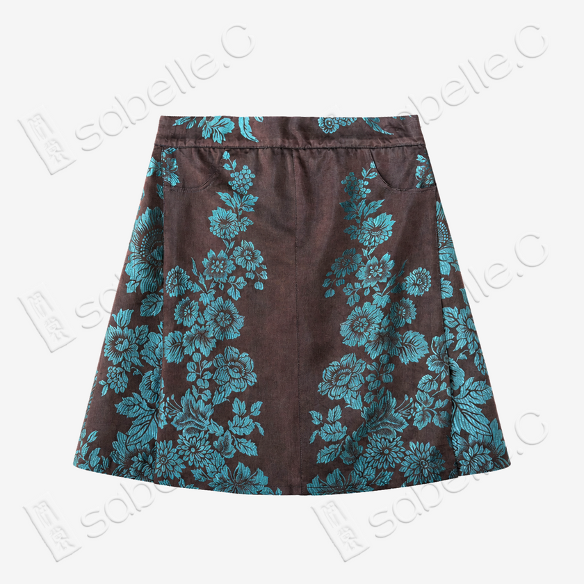 Agarwood Jade Peony Vintage Silk Skort - 深棕牡丹紋古董真絲老緞裙褲