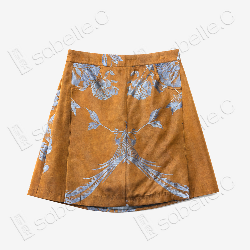 Amber Silver Phoenix Vintage Silk Skirt - 焦糖鳳凰紋古董真絲老緞裙褲