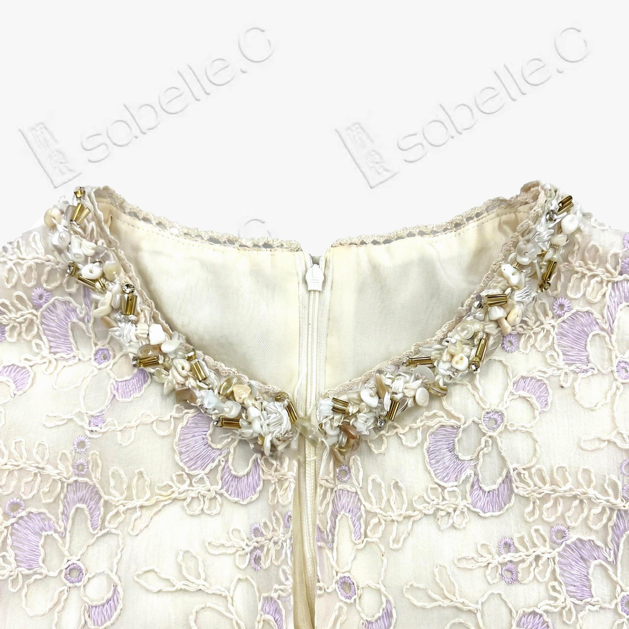 Ivory Beaded Floral Lace Shift Dress - 月白釘珠蕾絲裙